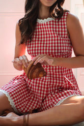 Lace Detail Plaid Sleeveless Romper OutfitFlow
